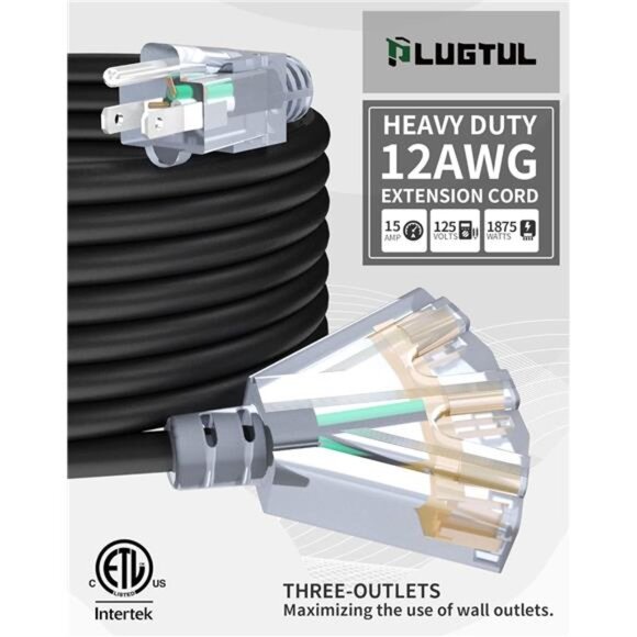 25Ft 12/3 Outdoor Extension Cord with 3-Outlets, Heavy Duty 12 Gauge 3 Prong - Picture 2 of 7